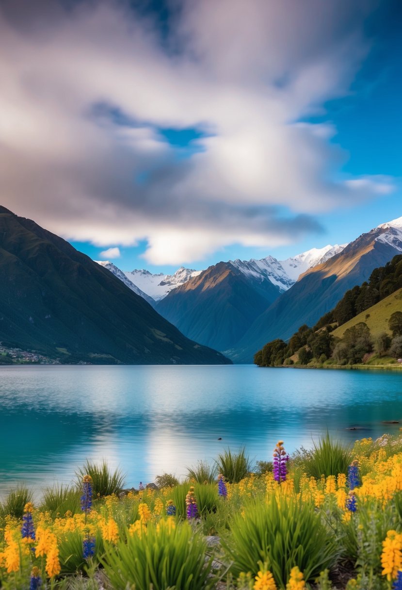 A serene lake surrounded by lush mountains and colorful wildflowers in Queenstown, New Zealand