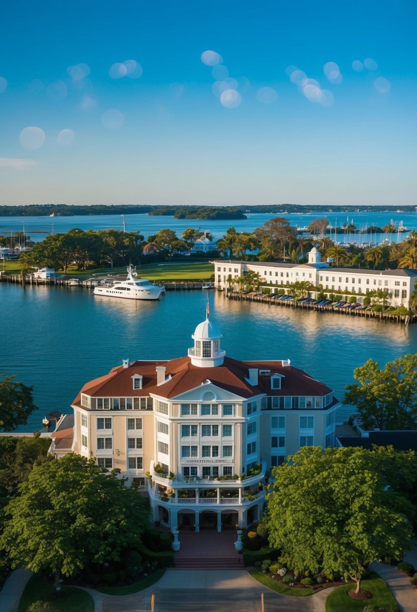 A picturesque view of Delamar Greenwich Harbor Hotel, with a tranquil harbor, lush greenery, and elegant architecture under a clear blue sky