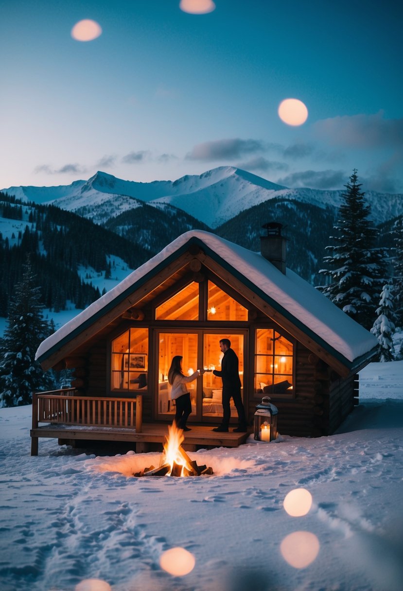 A cozy cabin nestled in a snowy mountain landscape, with a warm fire burning inside and a couple enjoying a romantic evening together