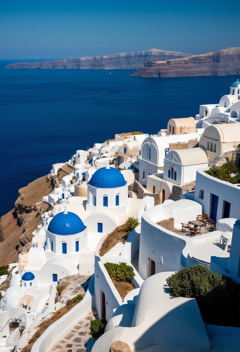 A white-washed village perched on cliffs, overlooking the deep blue Aegean Sea. Iconic blue-domed churches and winding pathways create a picturesque scene against the backdrop of the caldera