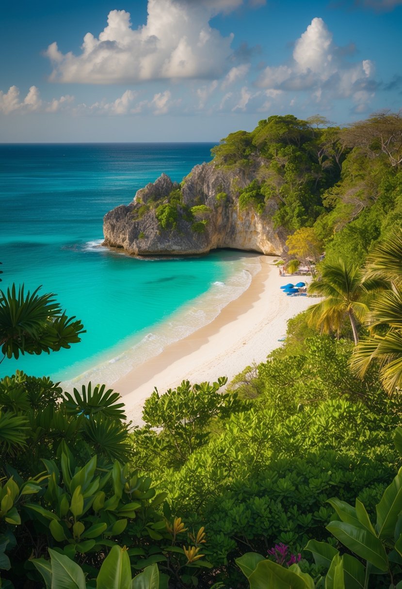 Lush jungle meets turquoise waters at Tulum, Mexico's nature honeymoon destination. Rocky cliffs overlook the beach, with a colorful array of tropical plants and wildlife