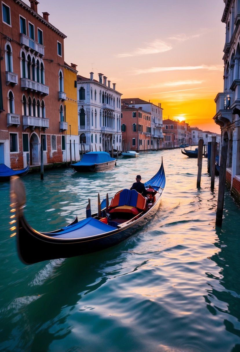 A gondola glides through the narrow canals of Venice, passing by historic buildings and colorful houses, as the sun sets in the distance