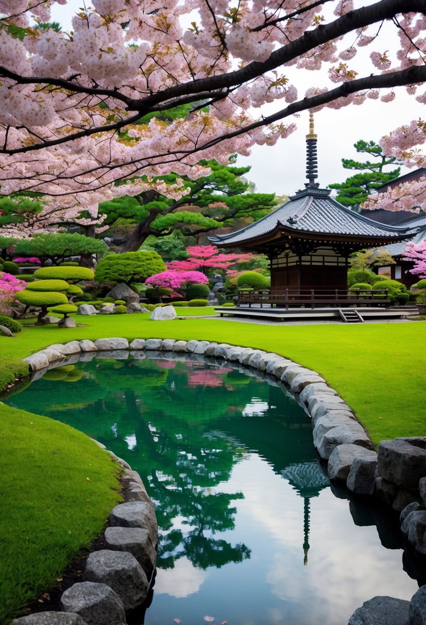 A traditional Japanese garden in Kyoto, with a serene pond, vibrant cherry blossom trees, and a pagoda in the background