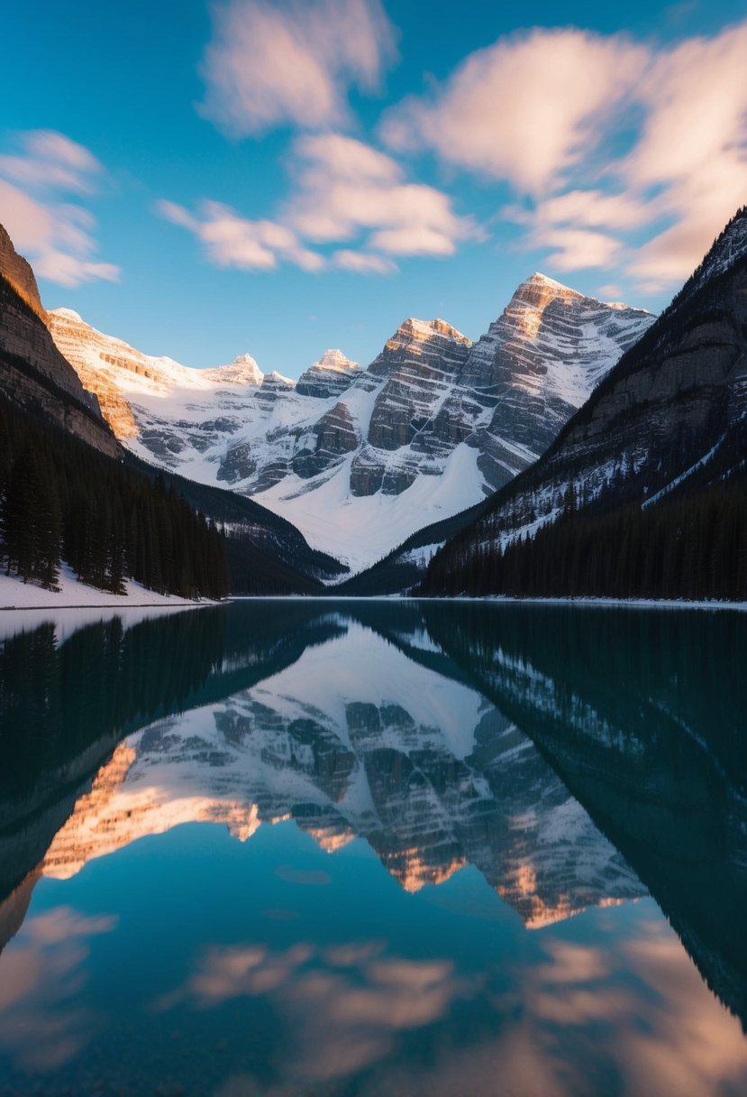 A serene lake reflecting snow-capped mountains in Banff, Canada