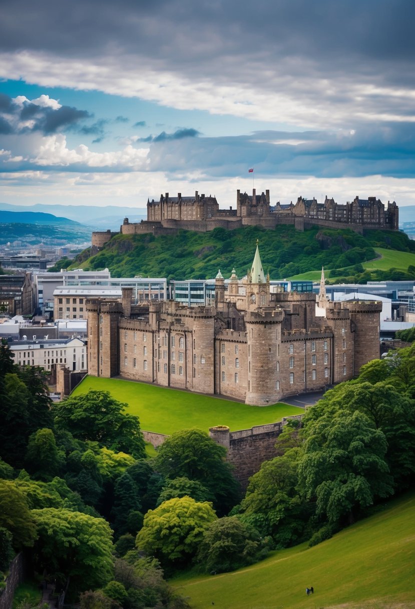 A picturesque view of Edinburgh Castle overlooking the city's historic architecture and lush green hills