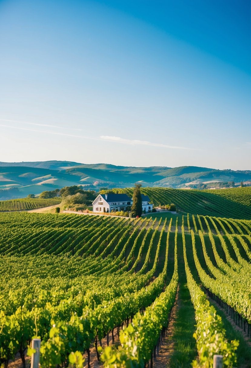Rolling vineyard hills, lush with grapevines, stretch into the distance under a clear blue sky. A charming winery sits nestled among the green landscape