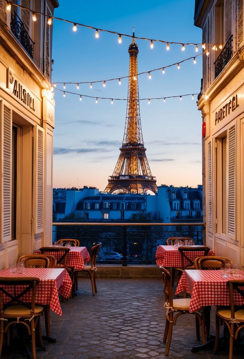 A cozy Parisian street cafe with a view of the Eiffel Tower at dusk. Tables with red and white checkered tablecloths and twinkling string lights overhead