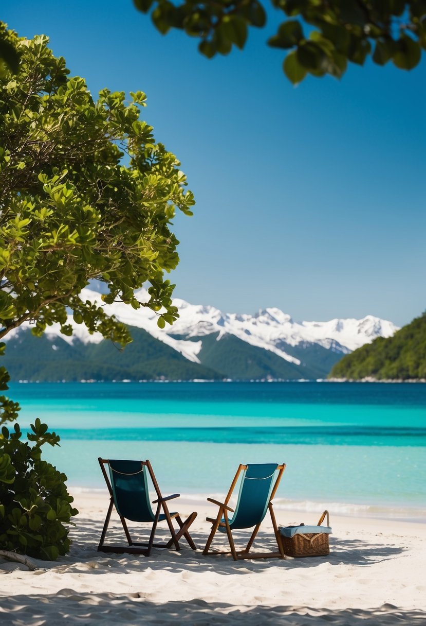A serene beach with turquoise waters and lush greenery, framed by snow-capped mountains in the distance. A couple of beach chairs and a picnic basket sit under a shady tree