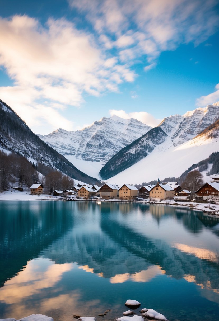 A serene lake surrounded by snow-capped mountains, with a quaint village nestled at the water's edge