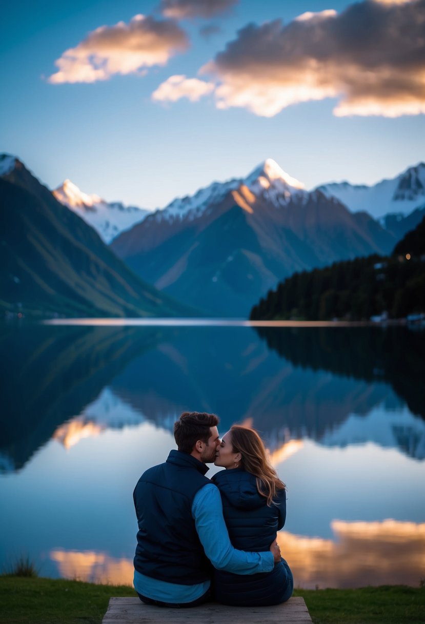 A couple enjoys a scenic view of the Remarkables mountain range reflected in Lake Wakatipu at sunset in Queenstown, New Zealand