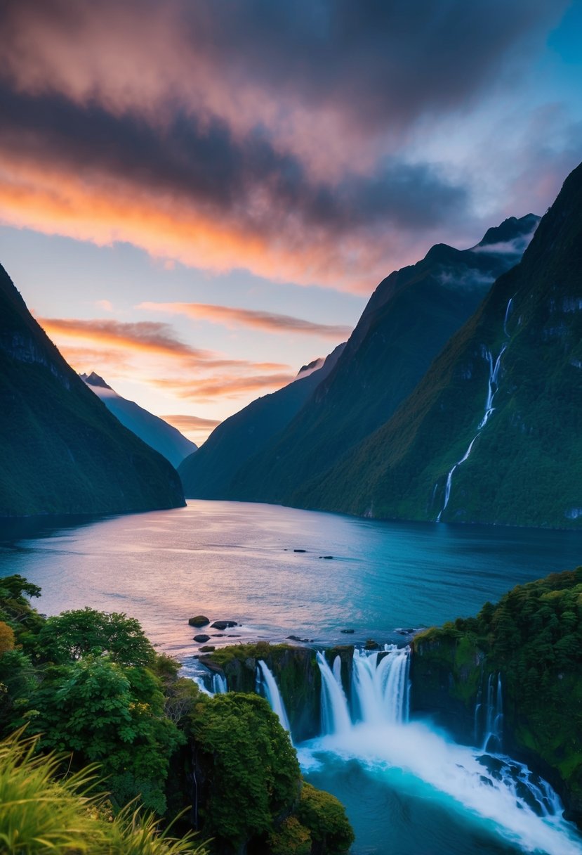 A serene sunset over the majestic fjords of Milford Sound, with lush greenery and cascading waterfalls