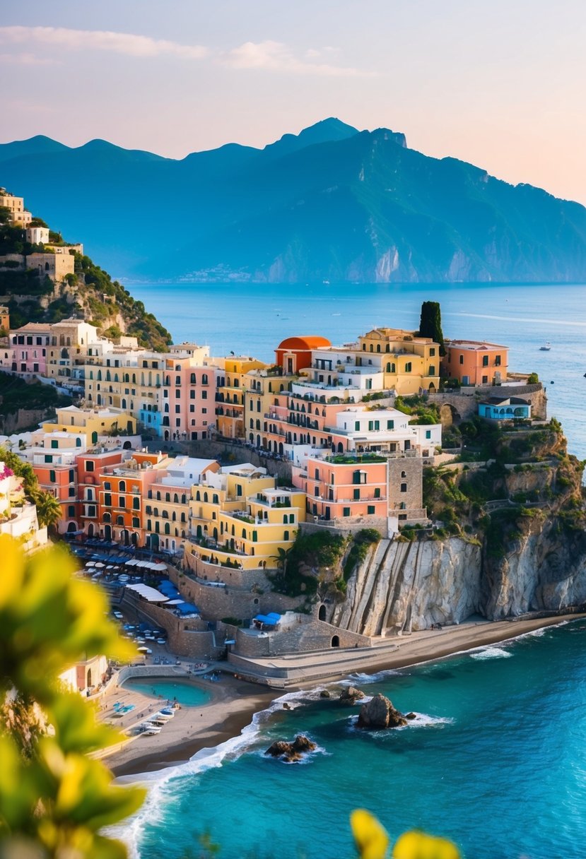 A cliffside villa overlooks the turquoise waters of the Amalfi Coast, with colorful buildings cascading down the mountainside