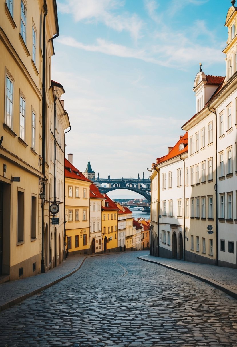 A cobblestone street winds through historic buildings in Prague, Czech Republic, with the iconic Charles Bridge in the distance