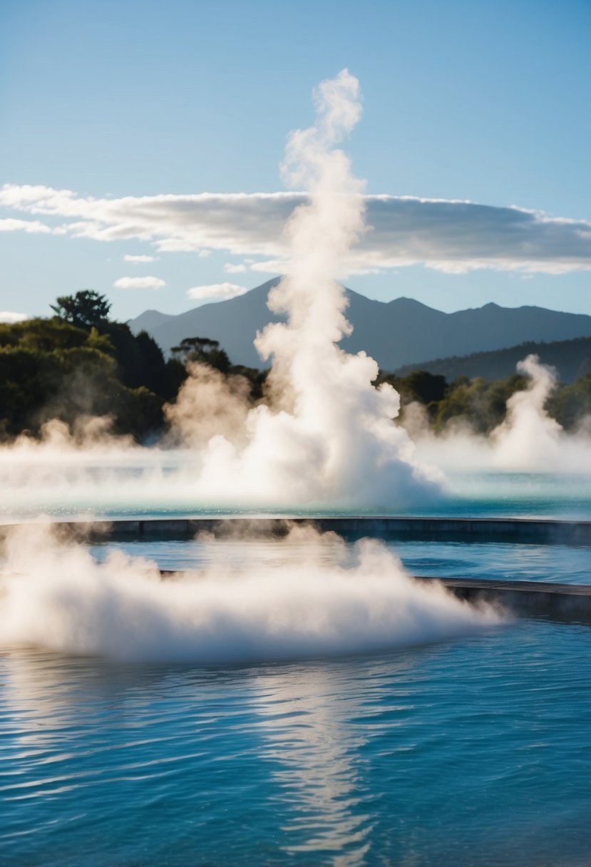 Steam rising from geothermal pools in Rotorua, surrounded by lush greenery and mountains in the distance