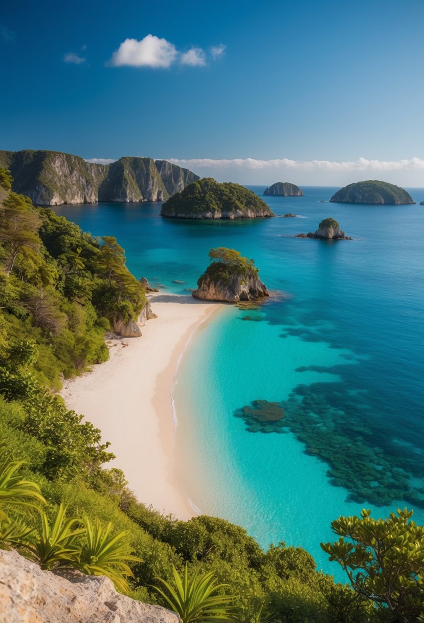 A secluded beach with crystal-clear water and lush greenery, surrounded by rugged cliffs and small islands in the distance