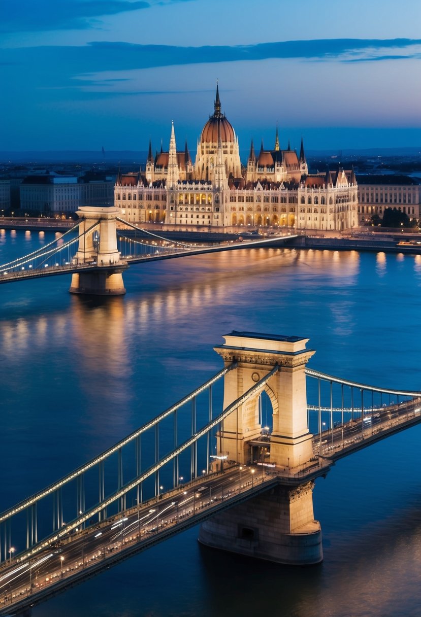 A panoramic view of Budapest's iconic Chain Bridge spanning the Danube River, with the Hungarian Parliament building illuminated in the background