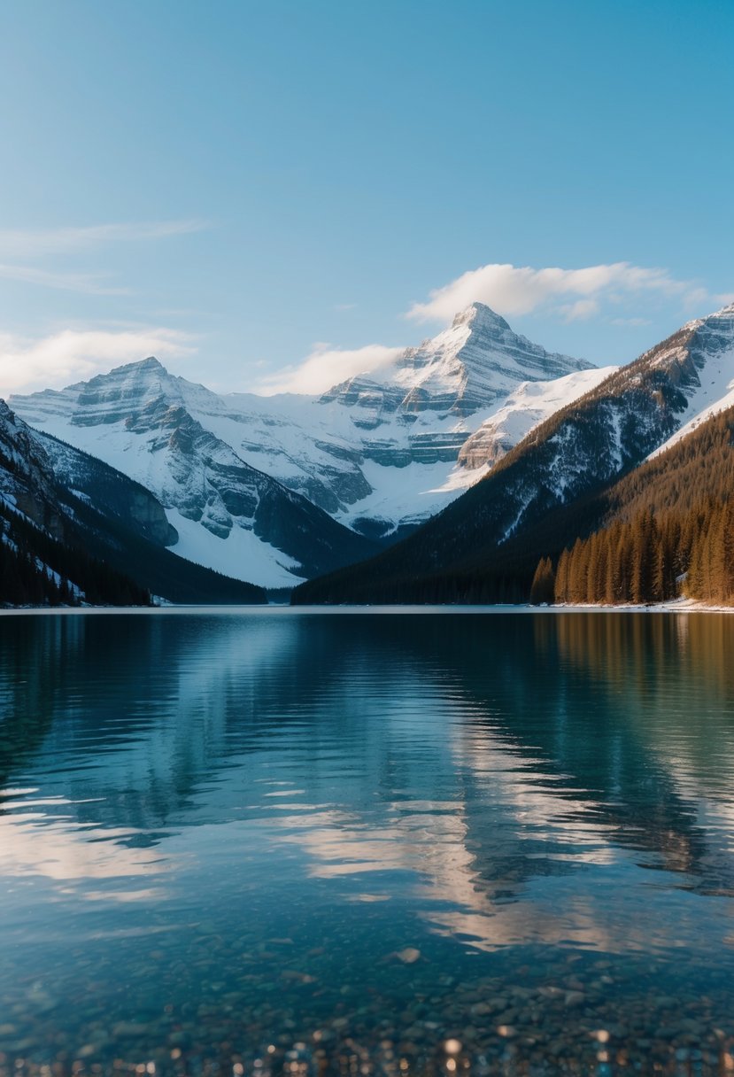 A serene lake surrounded by snow-capped mountains under a clear blue sky