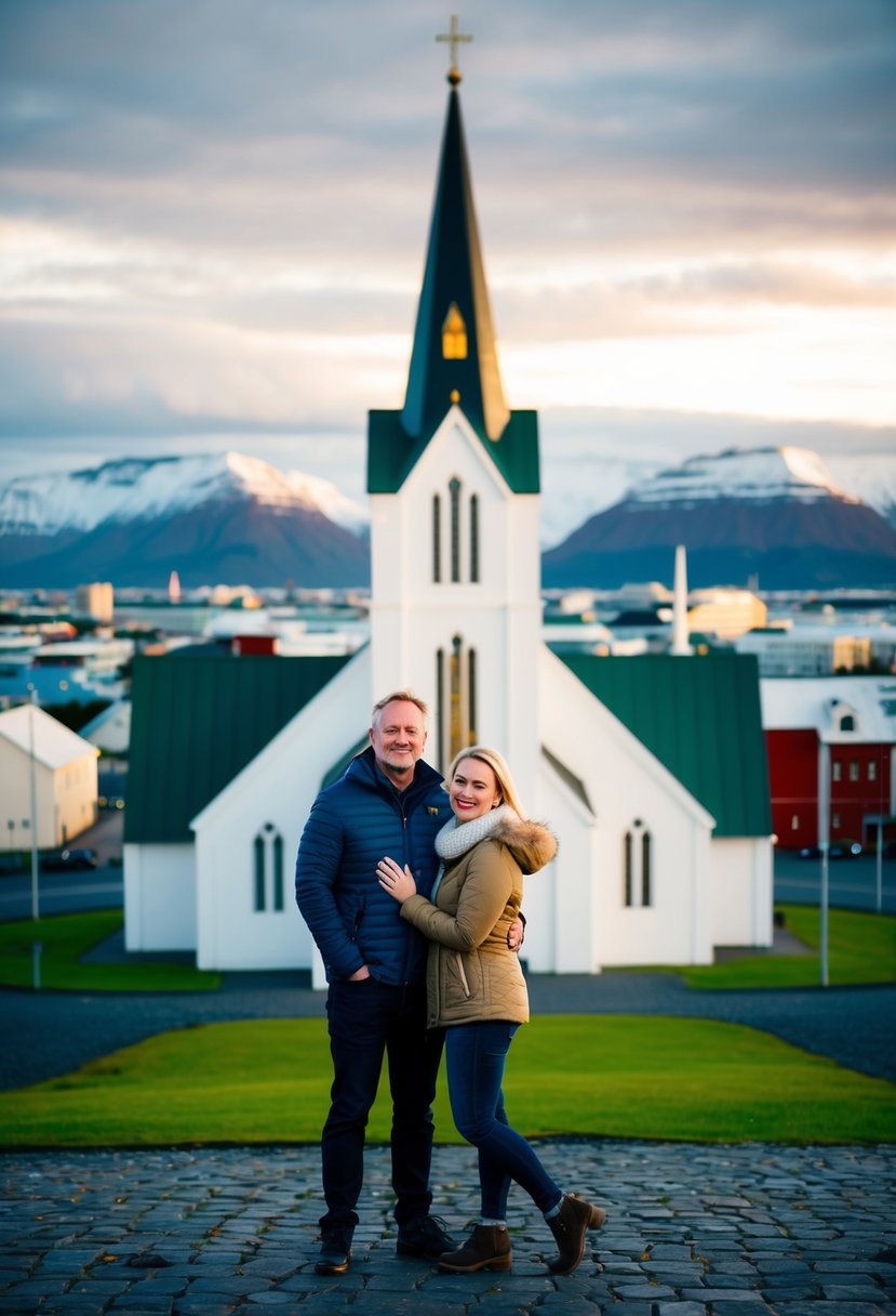 A couple stands in front of the Hallgrímskirkja church in Reykjavik, Iceland, with the cityscape and mountains in the background