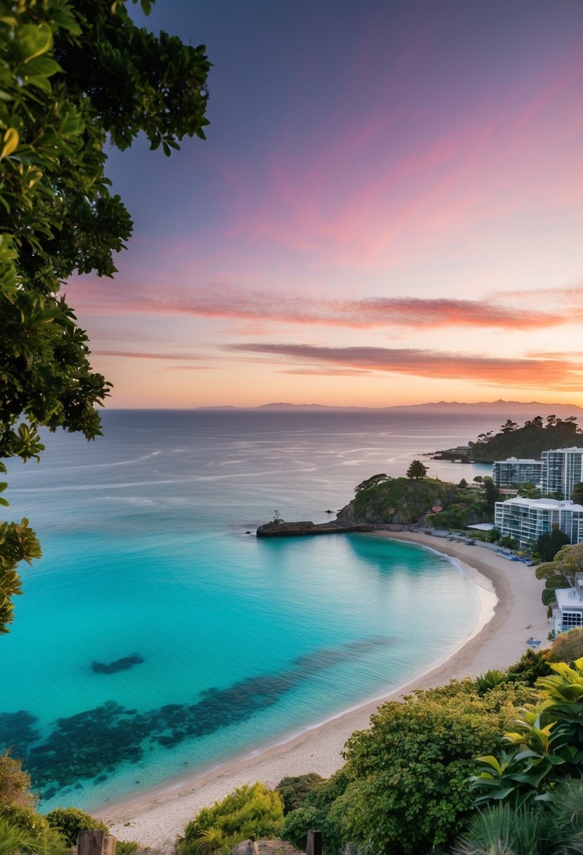 A picturesque beach with crystal clear waters, lush greenery, and a stunning sunset over the horizon on Waiheke Island, New Zealand