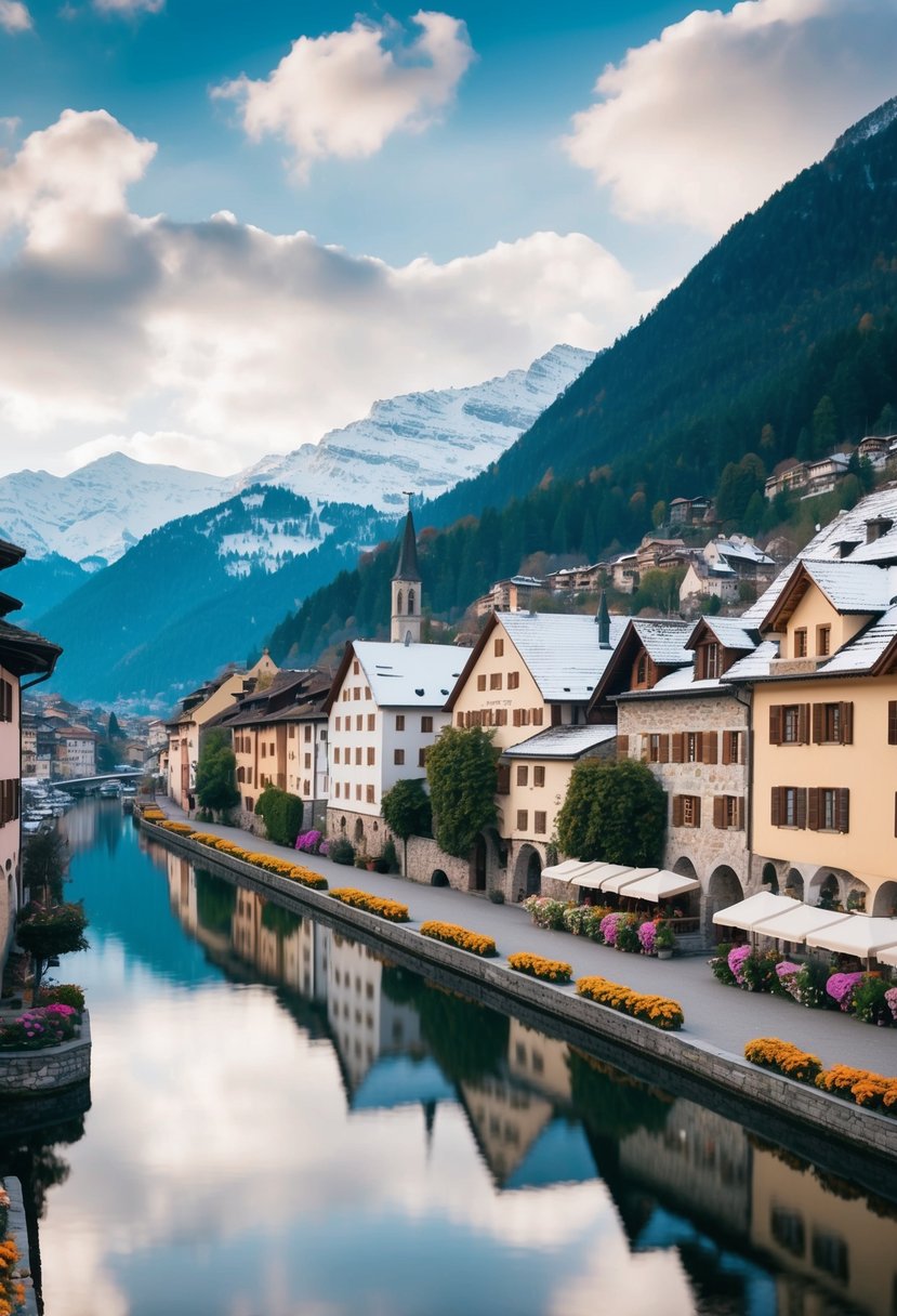 A serene lakeside town nestled among snow-capped mountains, with charming medieval architecture and colorful flower-lined streets