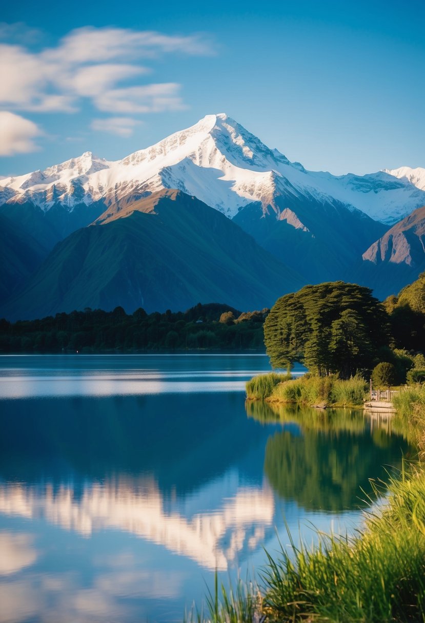 A serene lakeside view of Mount Cook, with snow-capped peaks and lush greenery, perfect for a romantic honeymoon getaway in New Zealand