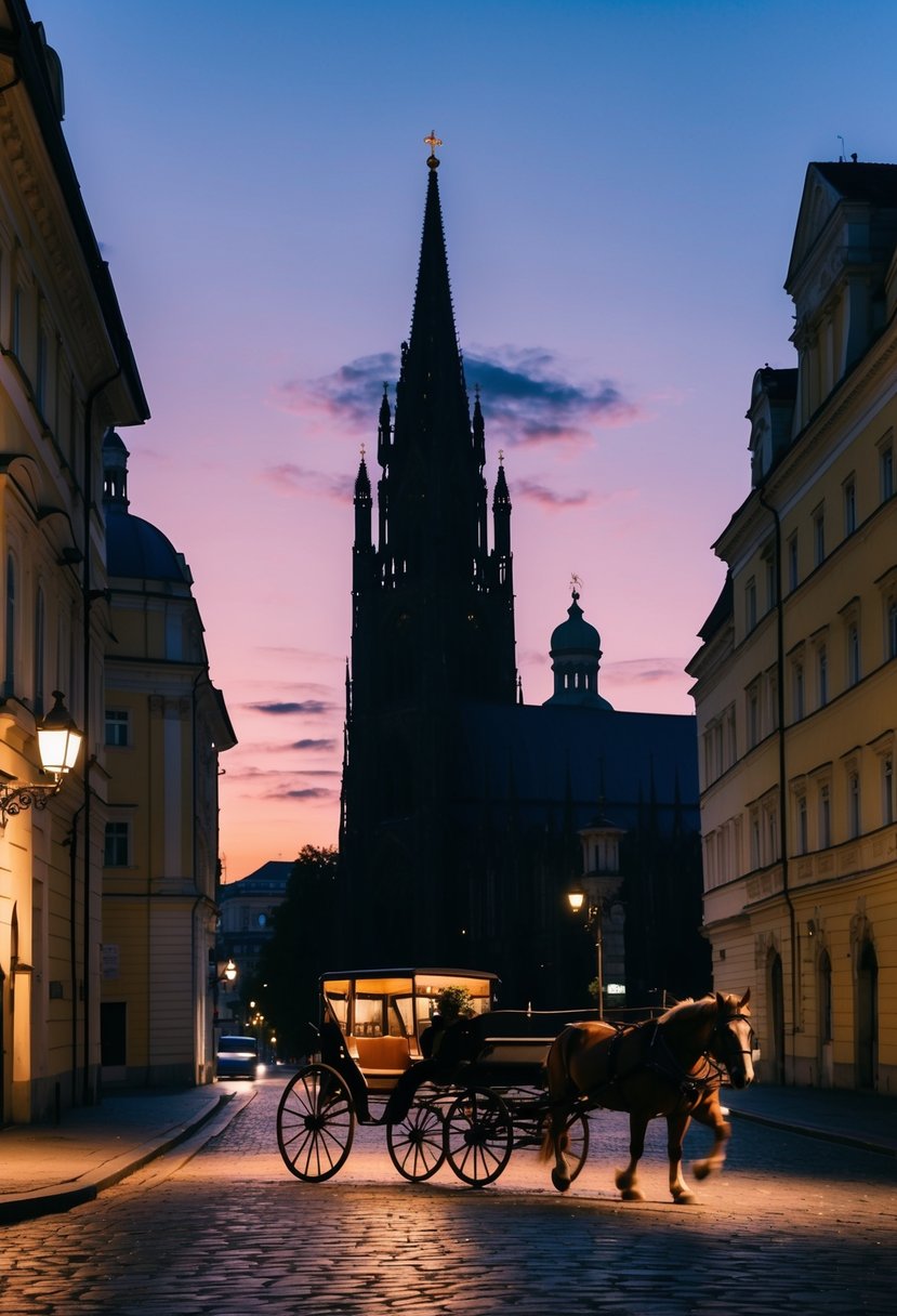 A romantic evening in Vienna, with the iconic St. Stephen's Cathedral silhouetted against the twilight sky, while a horse-drawn carriage passes by on the cobblestone streets