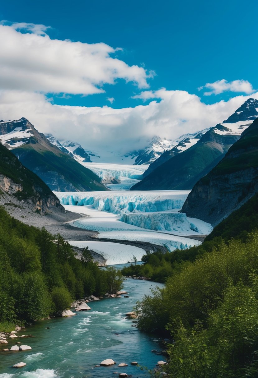 A majestic glacier nestled between snow-capped mountains and lush greenery, with a serene river flowing nearby