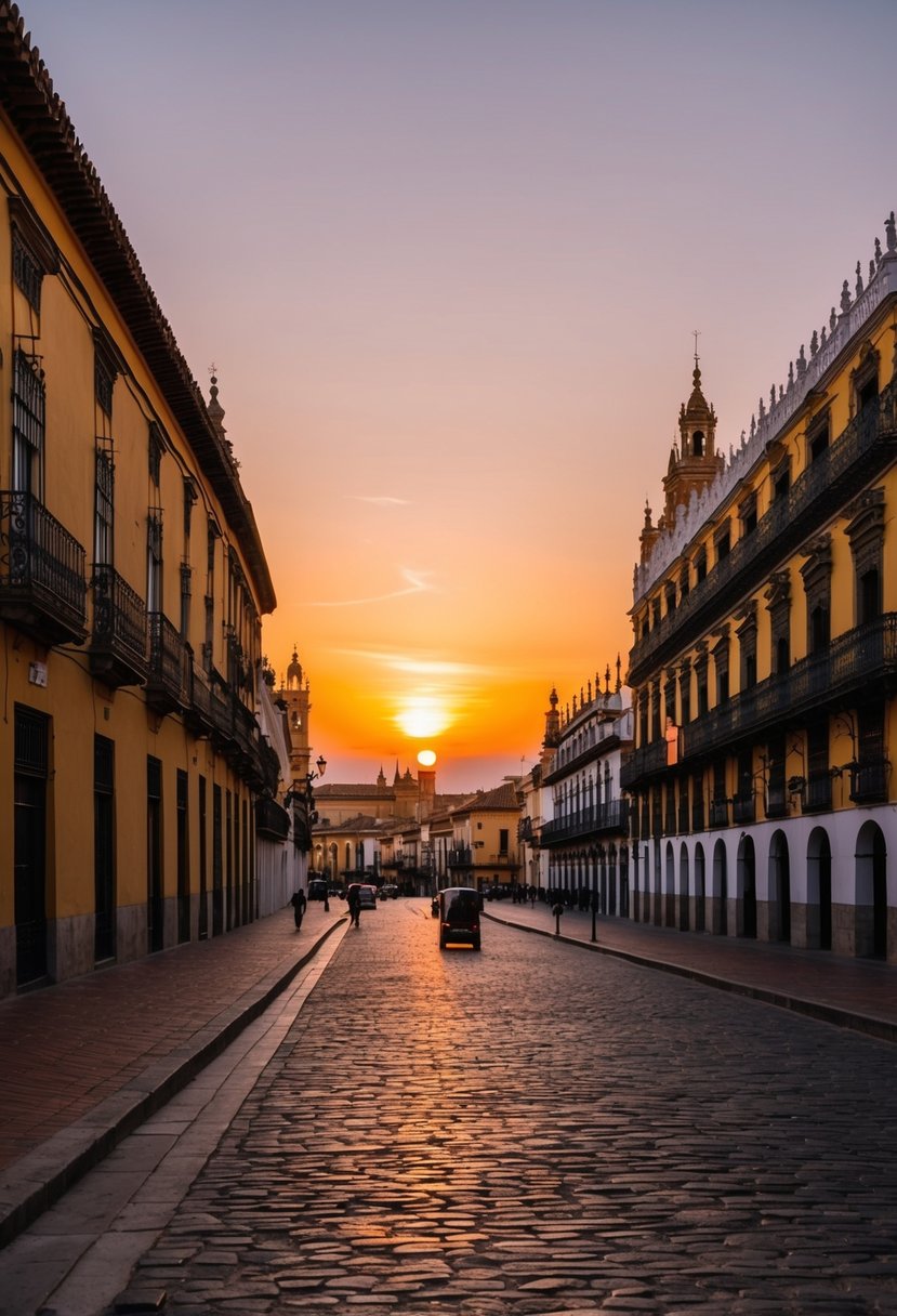 A serene evening in Seville, Spain. The sun sets over the historic city, casting a warm glow on the ancient architecture and cobblestone streets