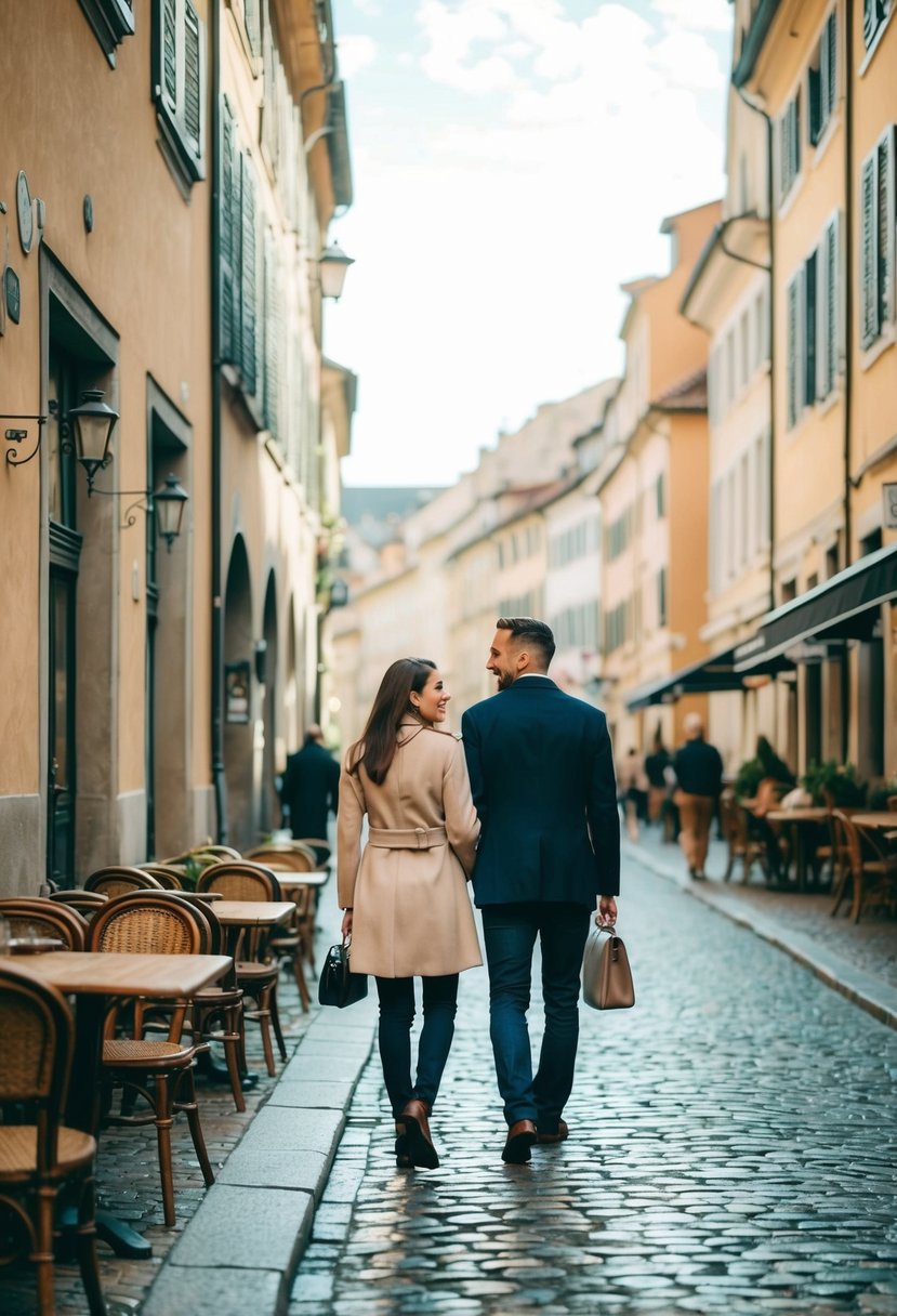 A couple strolling through a charming European city, with cobblestone streets, historic architecture, and sidewalk cafes