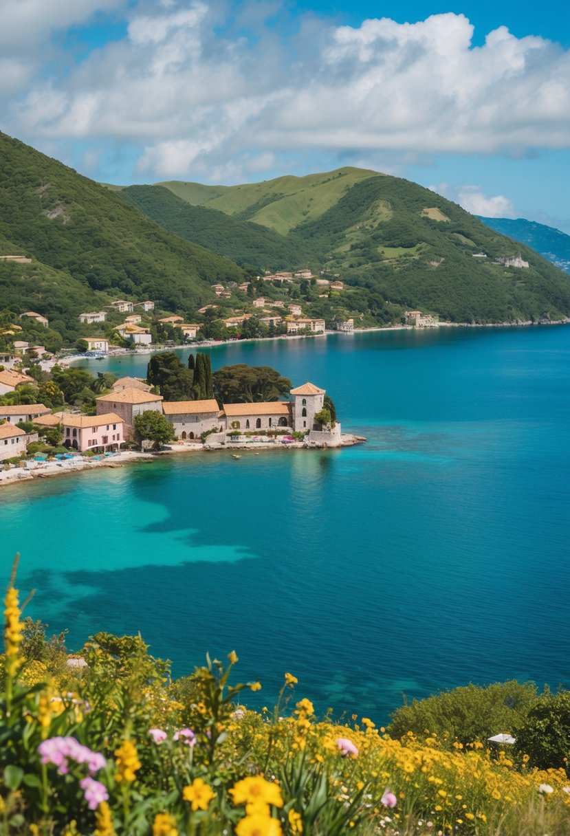 A serene bay with crystal-clear waters, surrounded by lush green hills and colorful flowers, with a charming village nestled along the shoreline