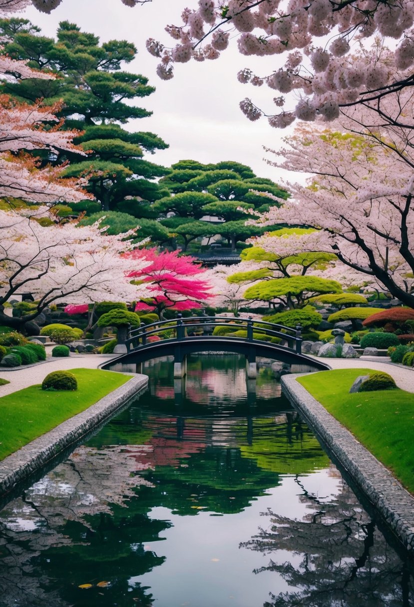 A traditional Japanese garden with a serene pond, arched bridges, and colorful cherry blossom trees in full bloom