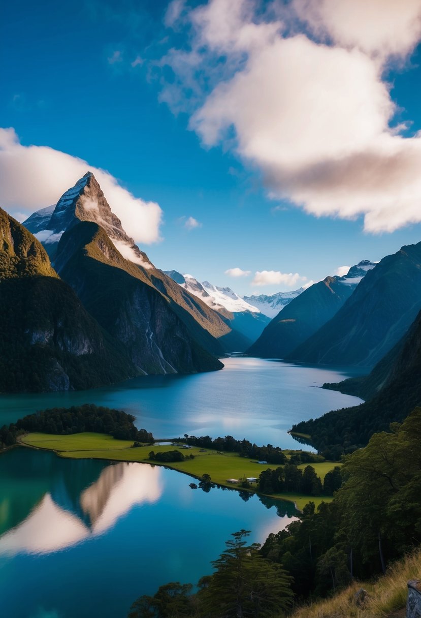 A breathtaking view of Fiordland National Park, with towering mountains, lush greenery, and tranquil lakes under a clear blue sky