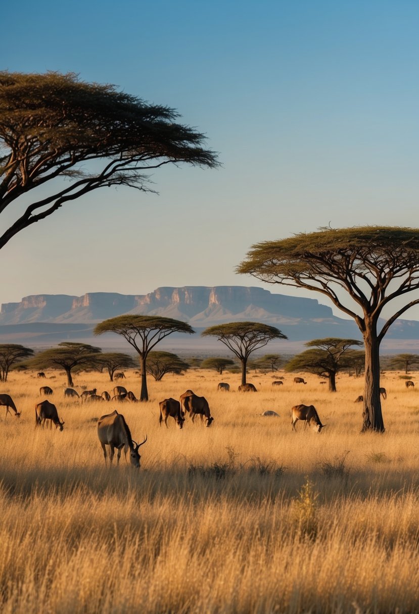 Rolling savannah with scattered acacia trees, grazing wildlife, and a distant mountain range under a clear blue sky