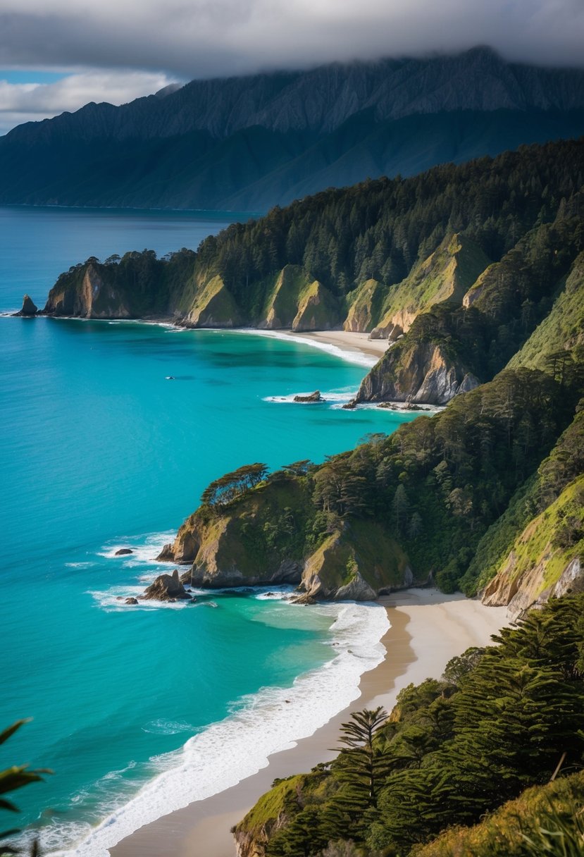 Lush coastal cliffs meet turquoise waters, framing secluded beaches and native forests in Abel Tasman National Park, New Zealand