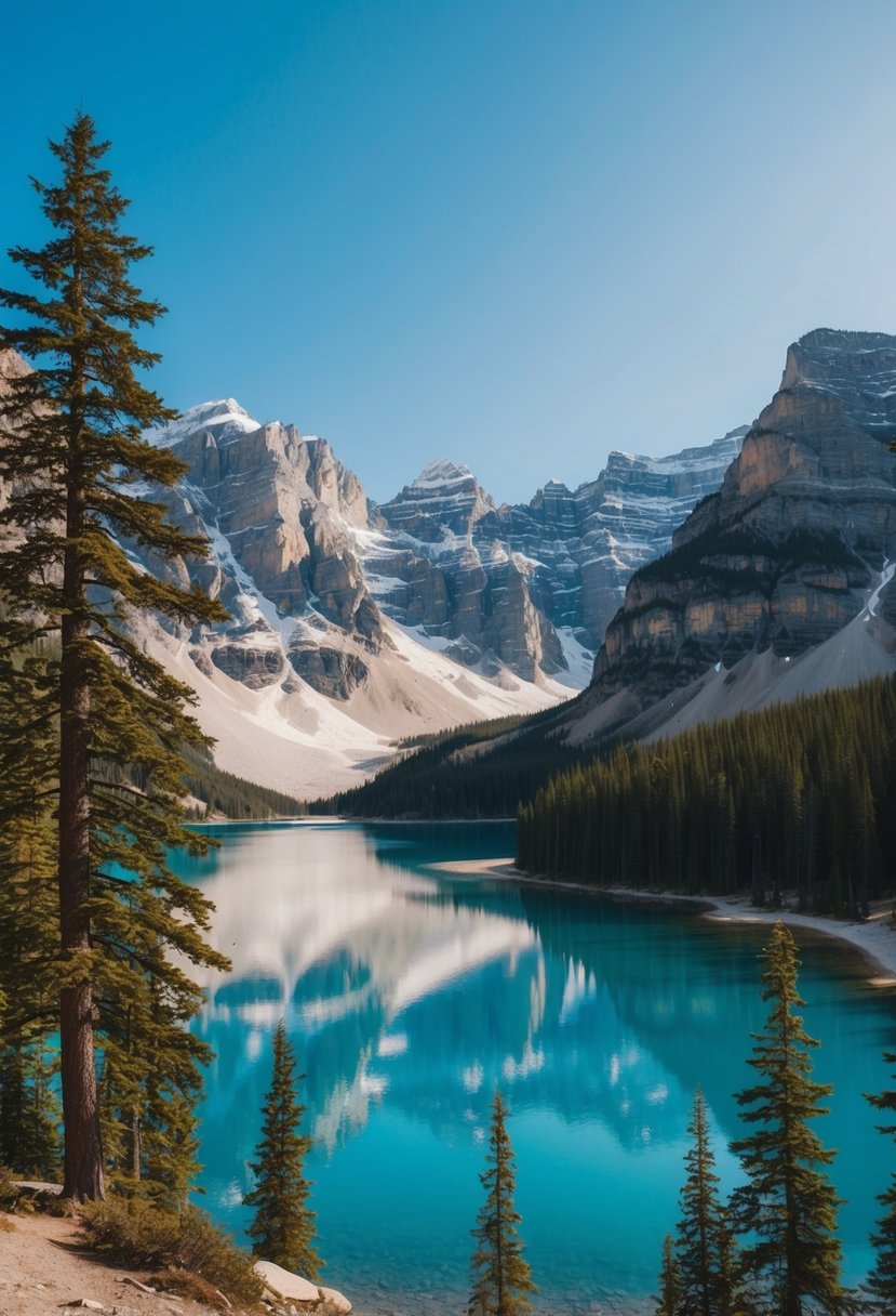 A serene mountain landscape in Banff, Canada, with crystal-clear lakes, towering pine trees, and majestic snow-capped peaks