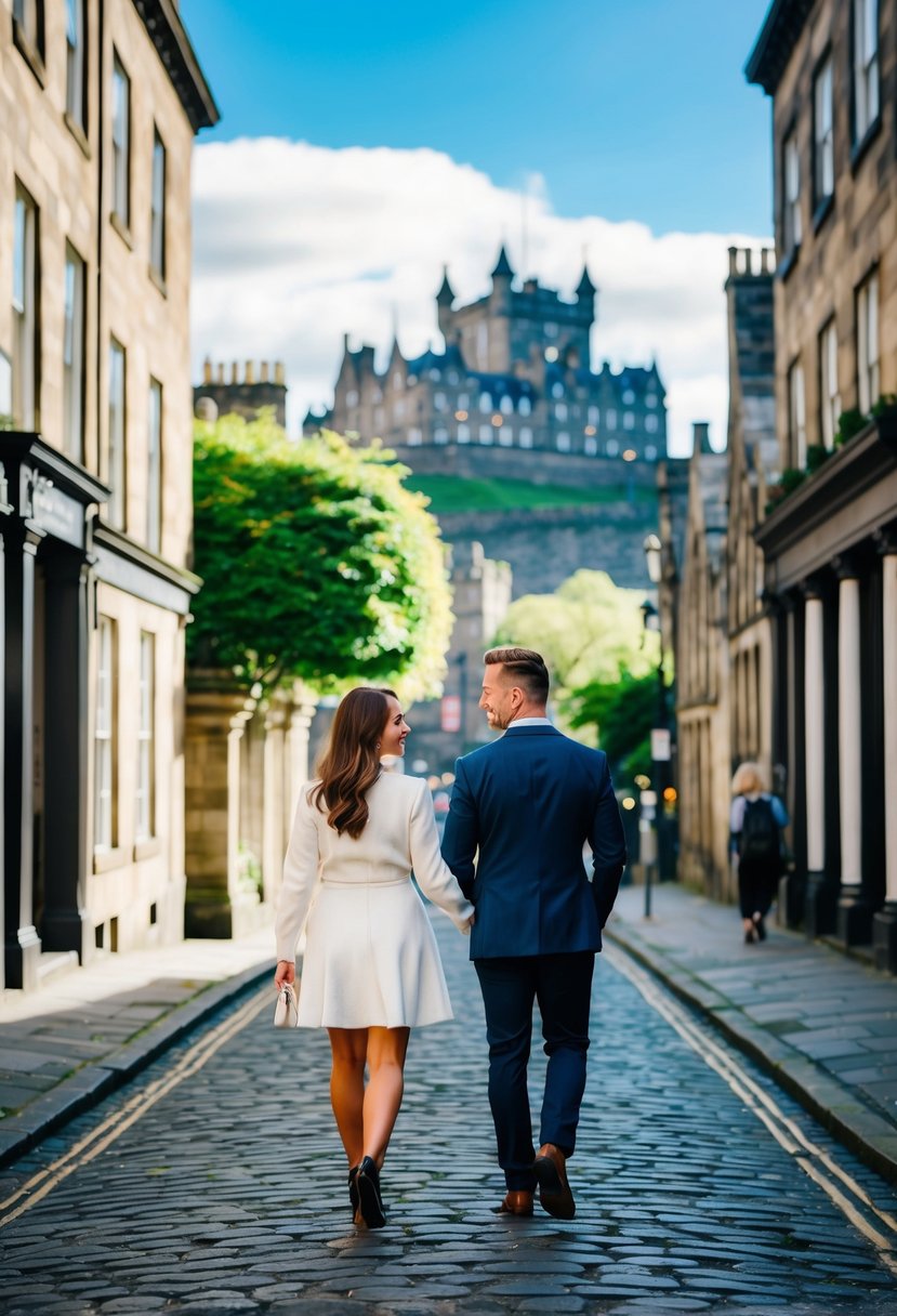 A couple strolling along the cobblestone streets of Edinburgh, passing by historic buildings and lush greenery, with the iconic Edinburgh Castle looming in the background