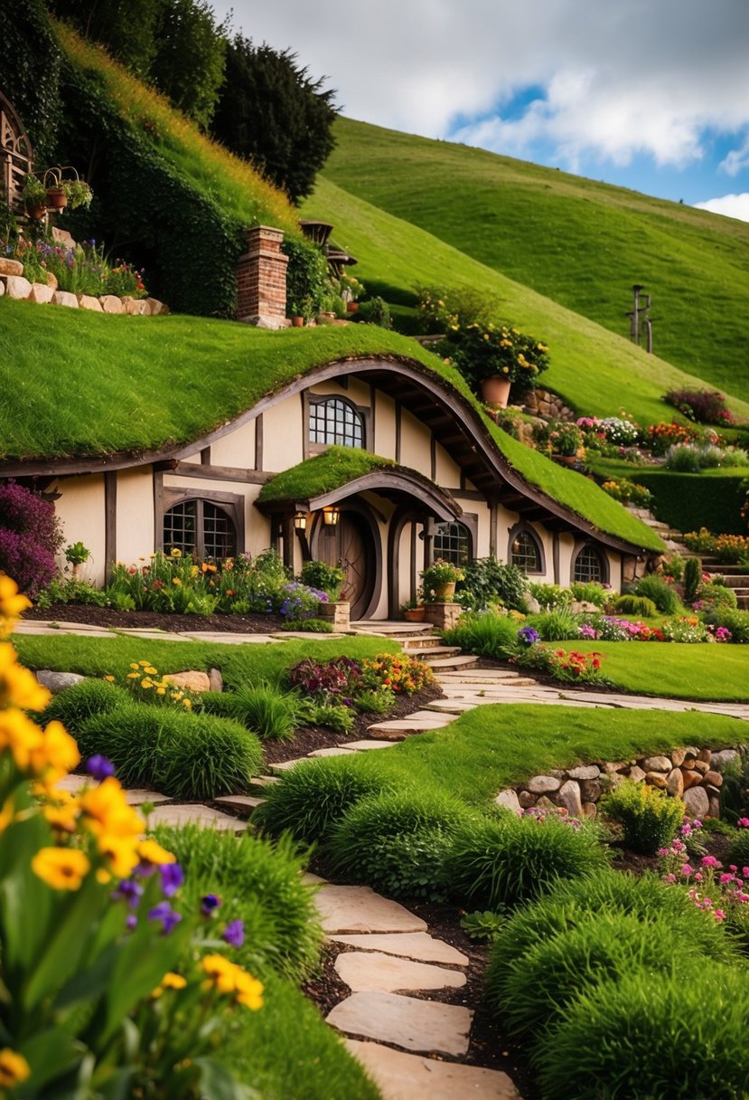 A cozy, picturesque hobbit house nestled into a lush, rolling hillside surrounded by colorful gardens and winding pathways