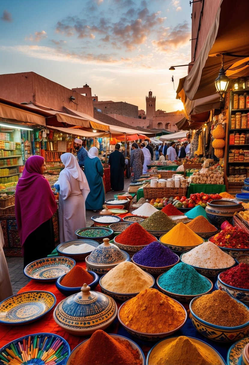 A bustling Marrakech marketplace with colorful textiles, intricate ceramics, and aromatic spices. The sun sets over the vibrant cityscape
