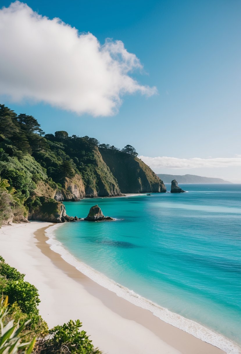 A secluded beach with turquoise waters and white sand, surrounded by lush greenery and rocky cliffs on the Coromandel Peninsula in New Zealand