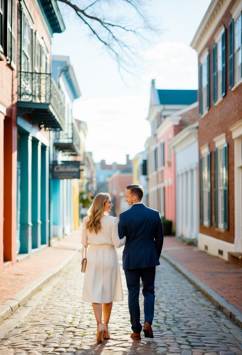 A couple strolling through the historic streets of Charleston, passing by colorful buildings and charming cobblestone alleys