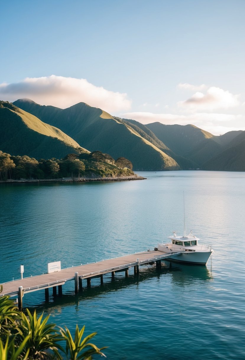 A serene bay in Marlborough Sounds, with lush green hills, calm waters, and a small boat docked at the pier