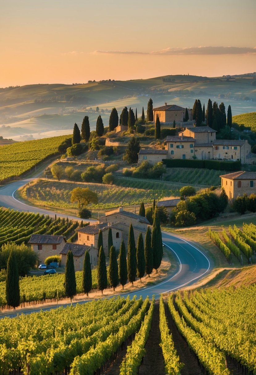 Rolling vineyards meet ancient hilltop villages under a golden Tuscan sun. Cypress trees line winding roads leading to historic wineries and rustic farmhouses