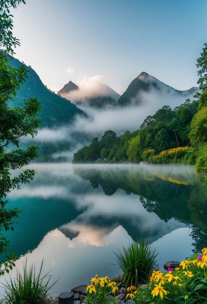 A tranquil lakeside with misty mountains in the background, surrounded by lush greenery and colorful flowers
