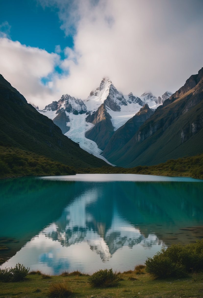 A serene mountain lake surrounded by lush greenery and snow-capped peaks in Patagonia, Argentina
