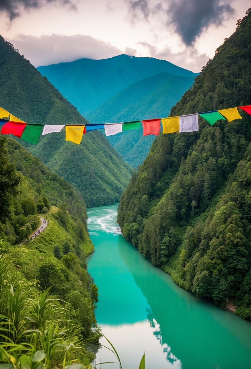 A serene landscape of lush green mountains and tranquil rivers in Bhutan, with colorful prayer flags fluttering in the breeze