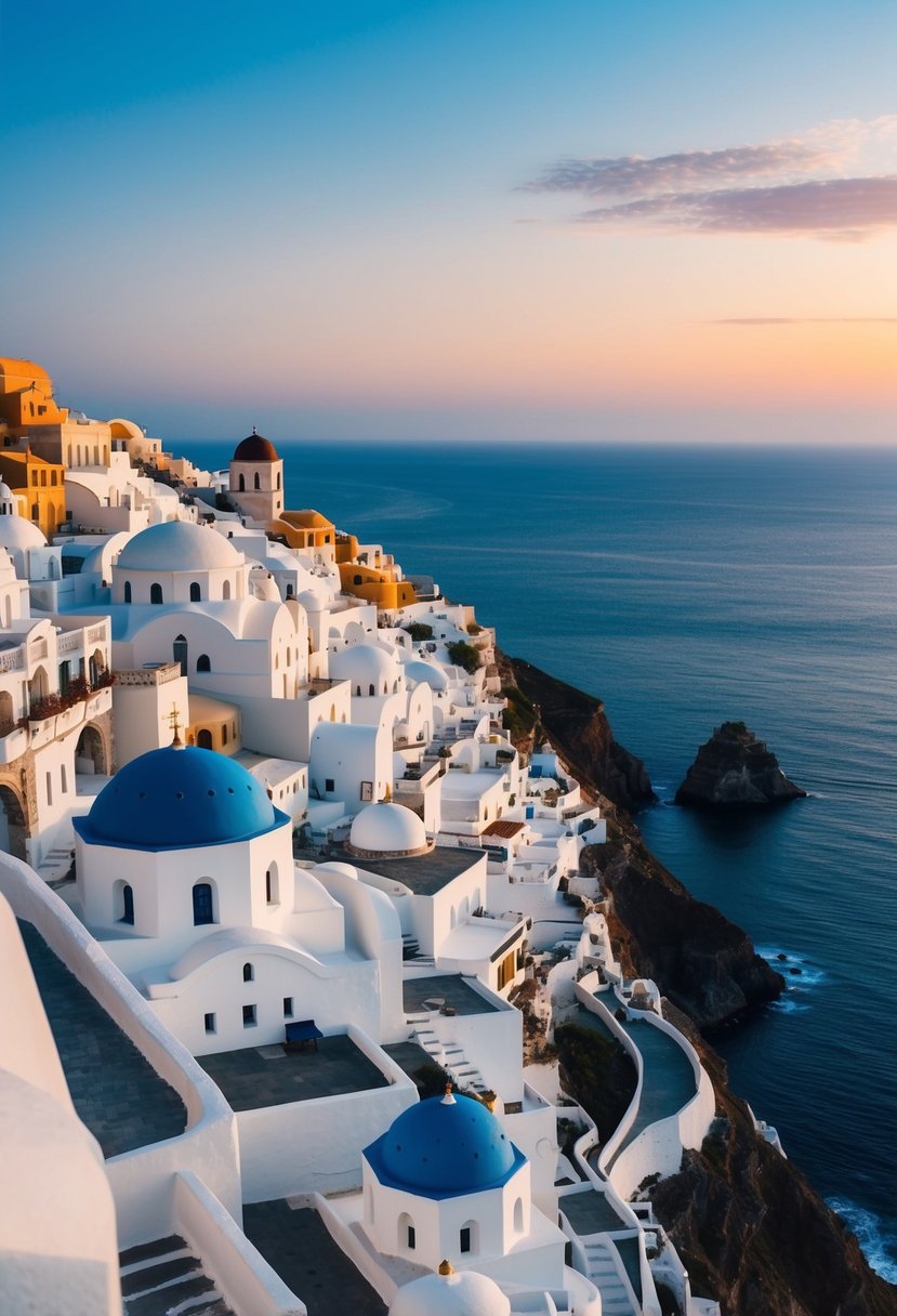 Whitewashed buildings perched on cliffs overlooking the deep blue sea, with colorful domes and winding pathways, framed by a stunning sunset