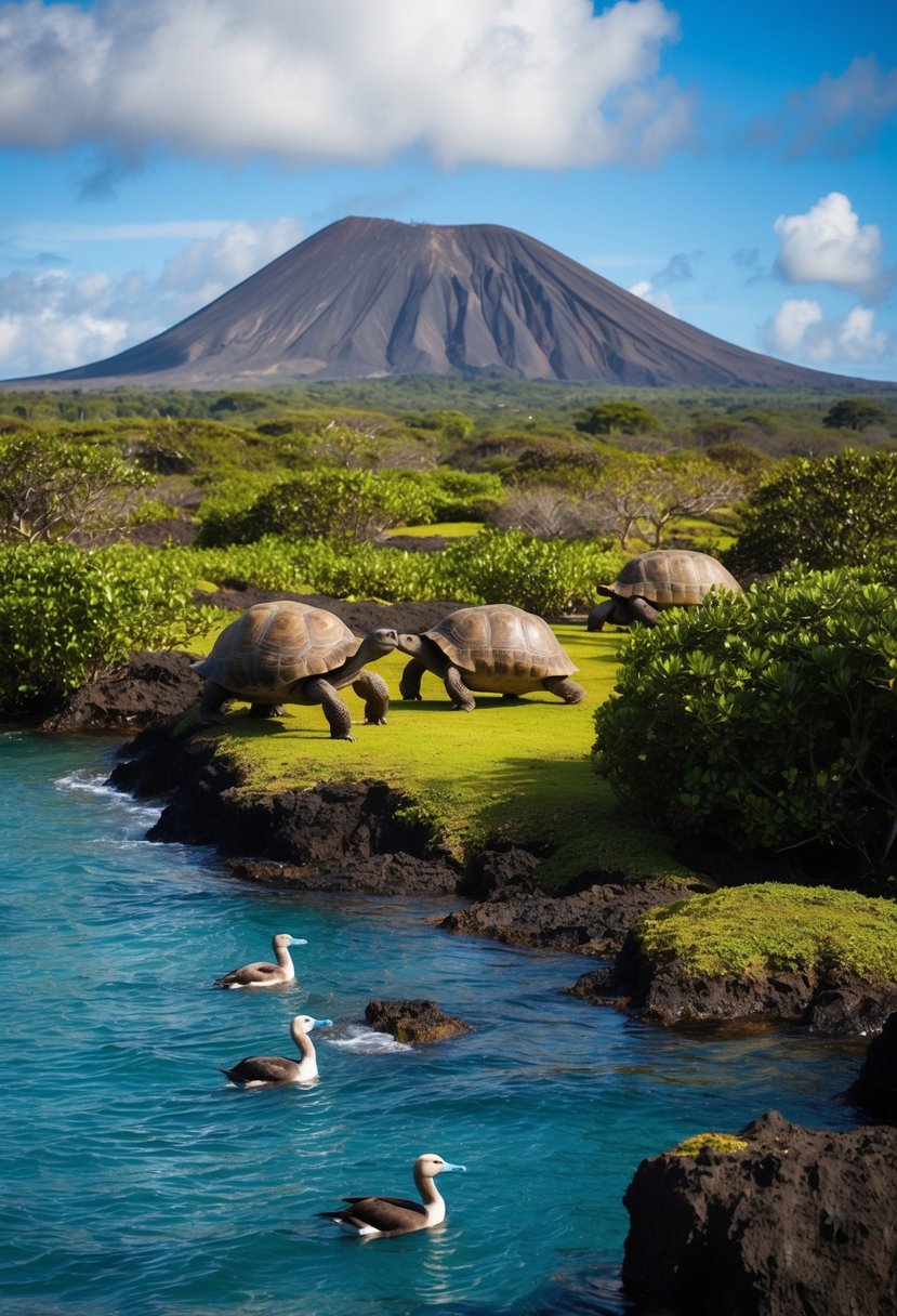 A lush, volcanic landscape with unique wildlife, including giant tortoises and blue-footed boobies, on the Galápagos Islands, Ecuador