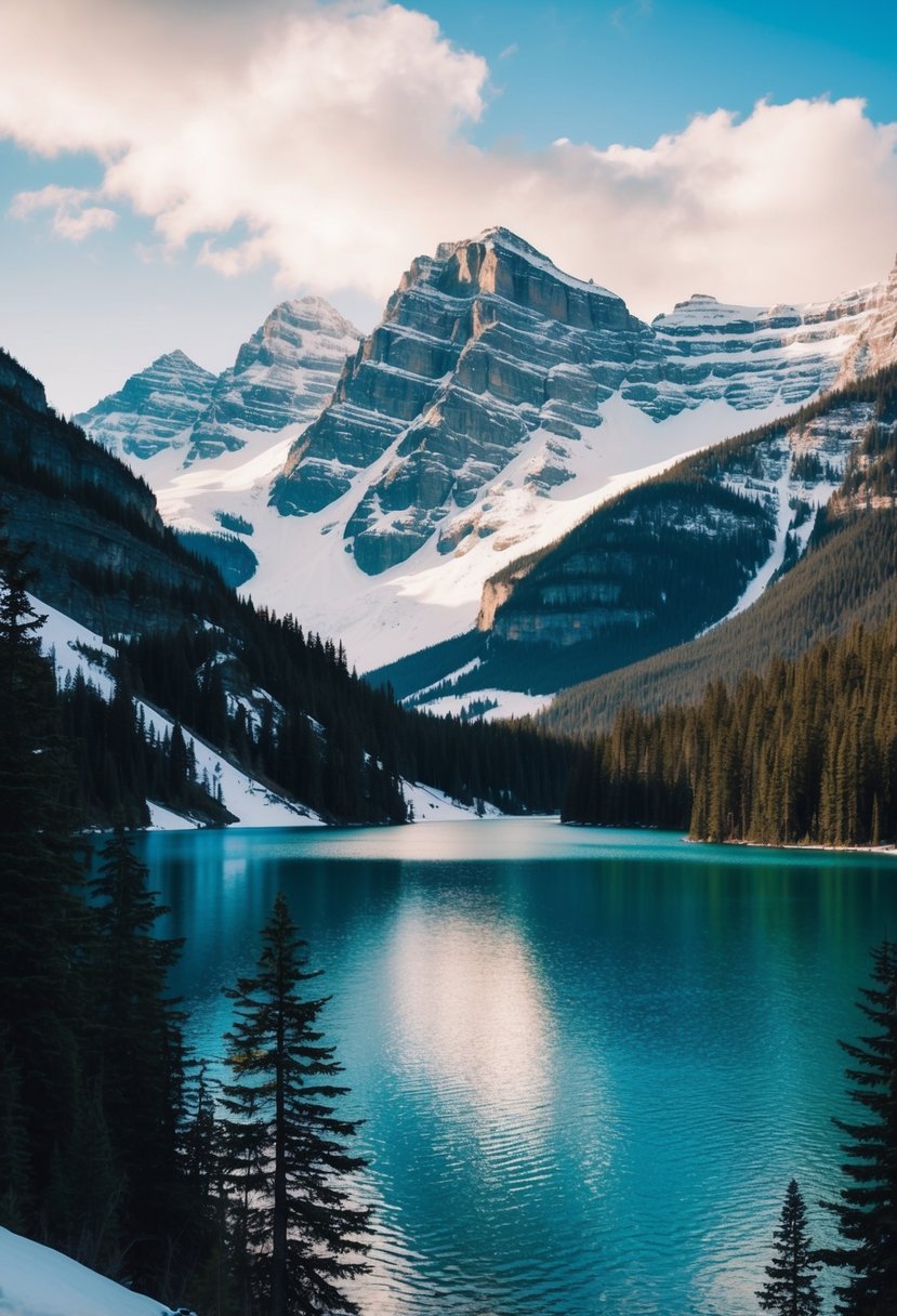 A serene lake surrounded by snow-capped mountains and lush forests in Lake Louise, Canada