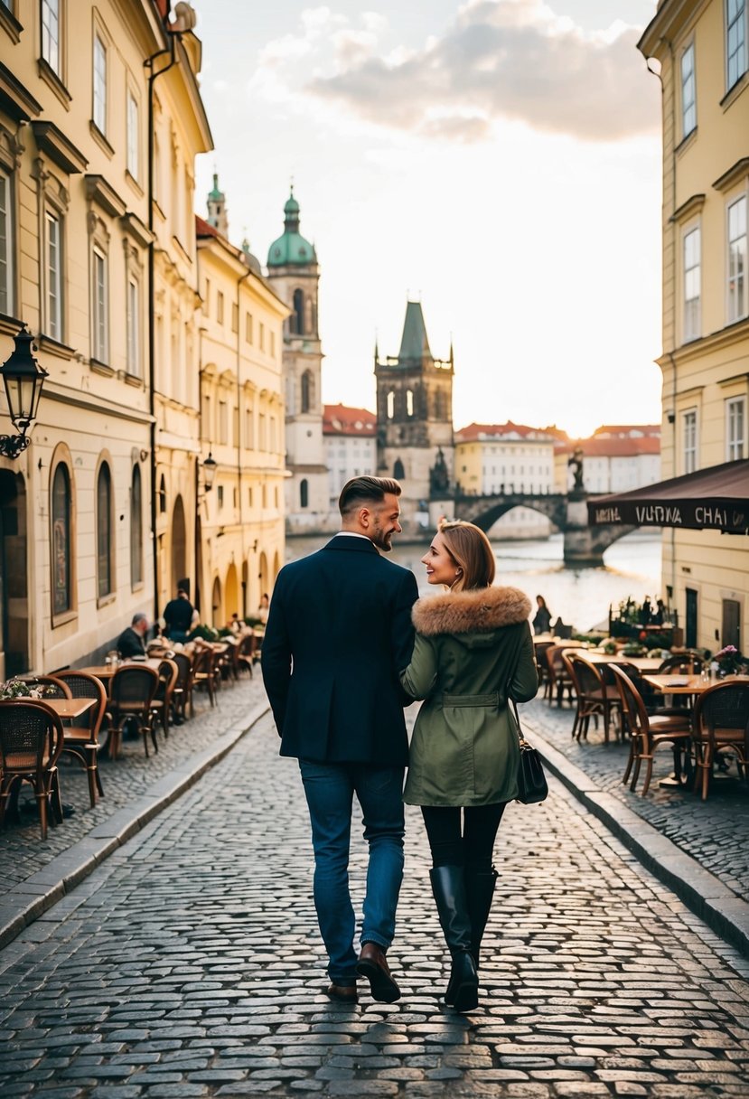A couple strolling along the cobblestone streets of Prague, passing by historic buildings and charming cafes. The Vltava River flows peacefully in the background, with the iconic Charles Bridge in view