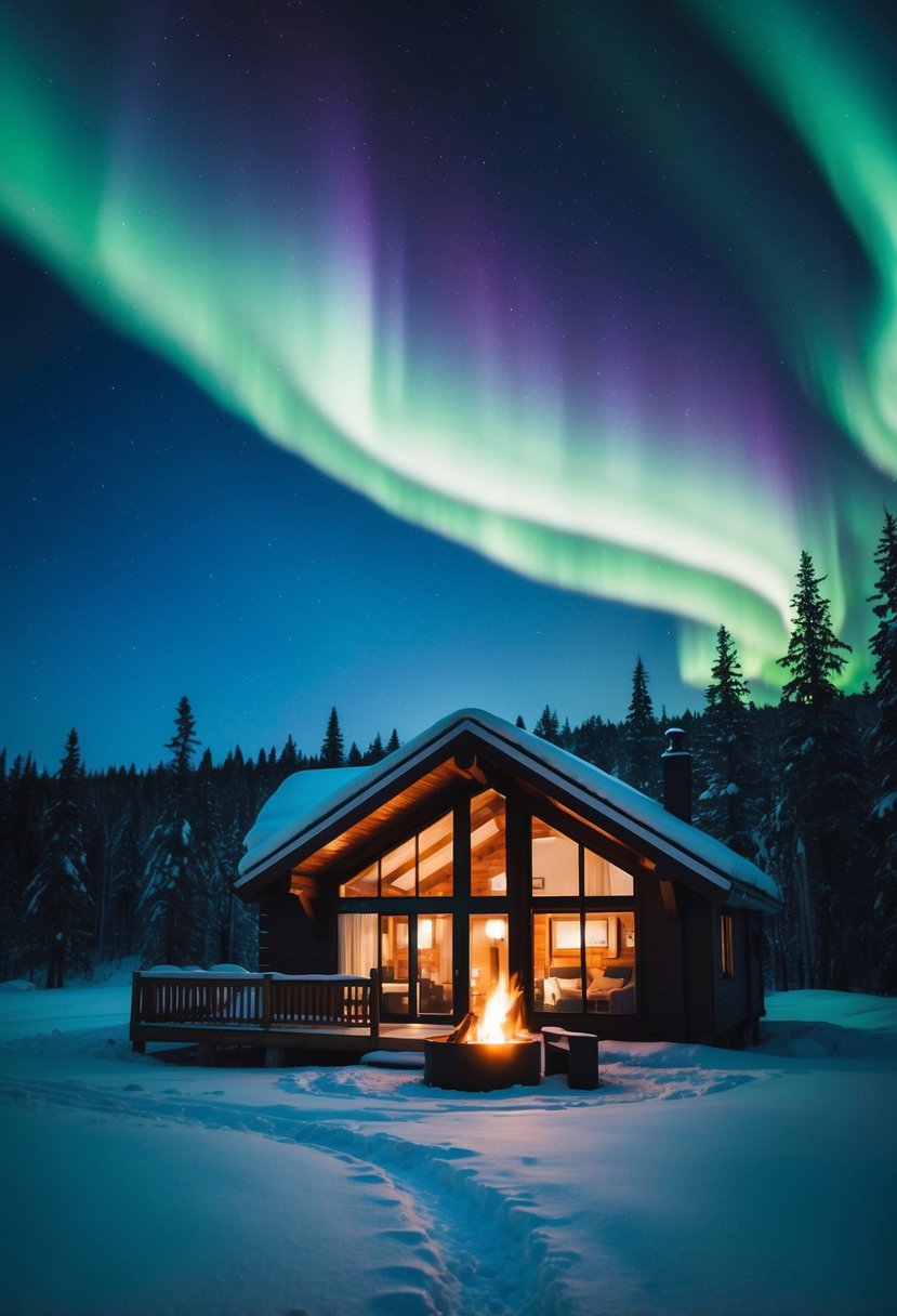 A cozy cabin nestled in a snowy forest, with a crackling fire and a view of the northern lights dancing across the night sky